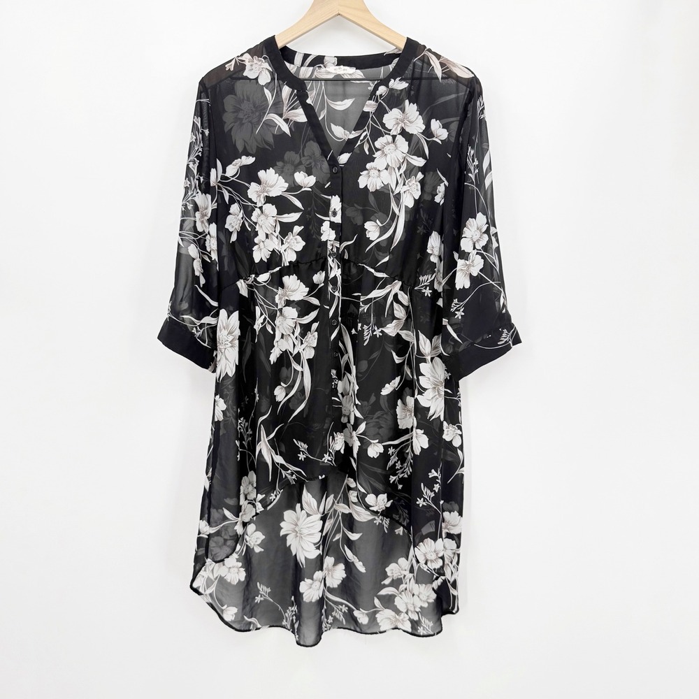 Maurices Sheer Floral Chiffon Tunic Top High Low Roll Tab Sleeve XL Cottagecore